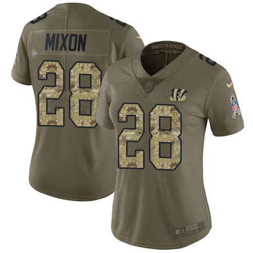 Nike Bengals #28 Joe Mixon Olive/Camo Women's Stitched NFL Limited Salute to Service Jersey